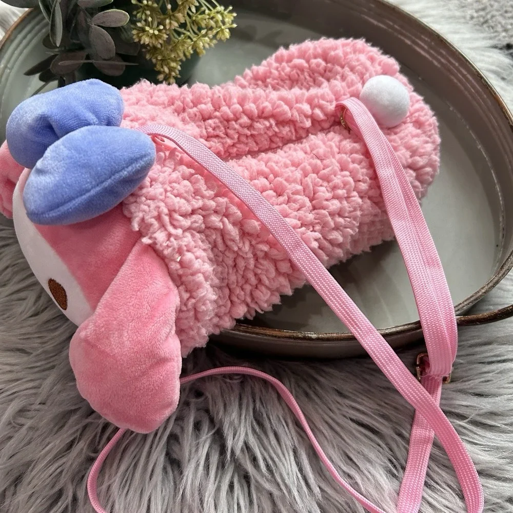 My Melody Sanrio Kawaii Pink Plush Zip Purse W/Adjustable Strap‎